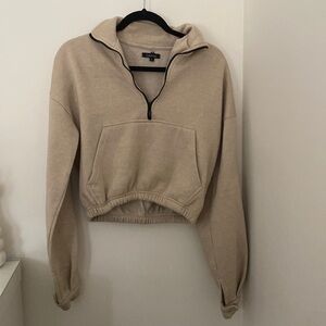 Boohoo Beige Quarter Zip/ Pullover With Front Pocket. Size Women’s Small.